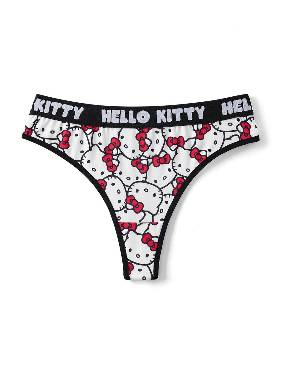 HELLO KITTY AND FRIENDS | SHEIN 1件装女士红色可爱卡通猫咪印花性感丁字裤，柔软舒适，可爱甜美 - 紅白色 - 查看 1