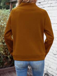 EMERY ROSE 女式纯色立领纽扣设计插肩袖休闲羊毛运动衫，秋冬 - 駝色 - 查看 2