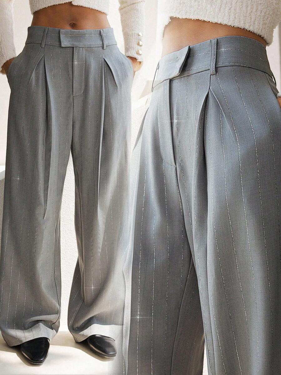 Lumivelle Quần ống đứng kẻ sọc kim tuyến tối giản thanh lịch dành cho nữ, thích hợp để đi làm, mùa thu/đông - Xám - Xem 1