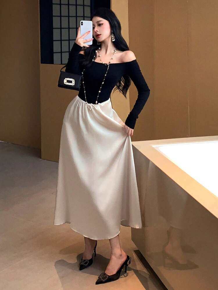 Women's Color Block Off-Shoulder Elegant Long Sleeve Dress Prom Dress Maxi Dress