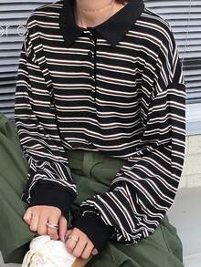 FRIFUL 女式休闲纽扣落肩条纹T恤，秋季长袖上衣 - 黑色 - 查看 2