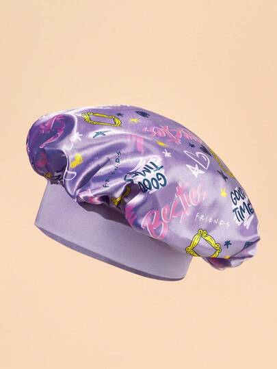 FRIENDS X SHEIN 双层面料升级版护发帽宽边弹力缎面女士睡眠帽柔软舒适适合日常居家睡眠紫色字母