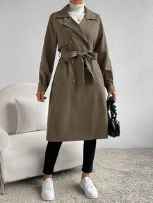 SHEIN Essnce Lapel Neck Raglan Sleeve Double Breasted Belted Trench Coat In Fall/Winter,Fall,Fall Clothes For Women - Mocha Brown - View 3