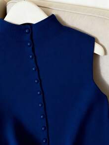 Franclia Casual Loose Turtleneck Sleeveless Knitted Button Design Red Women Sweater Top, Spring/Autumn - Navy Blue - View 5