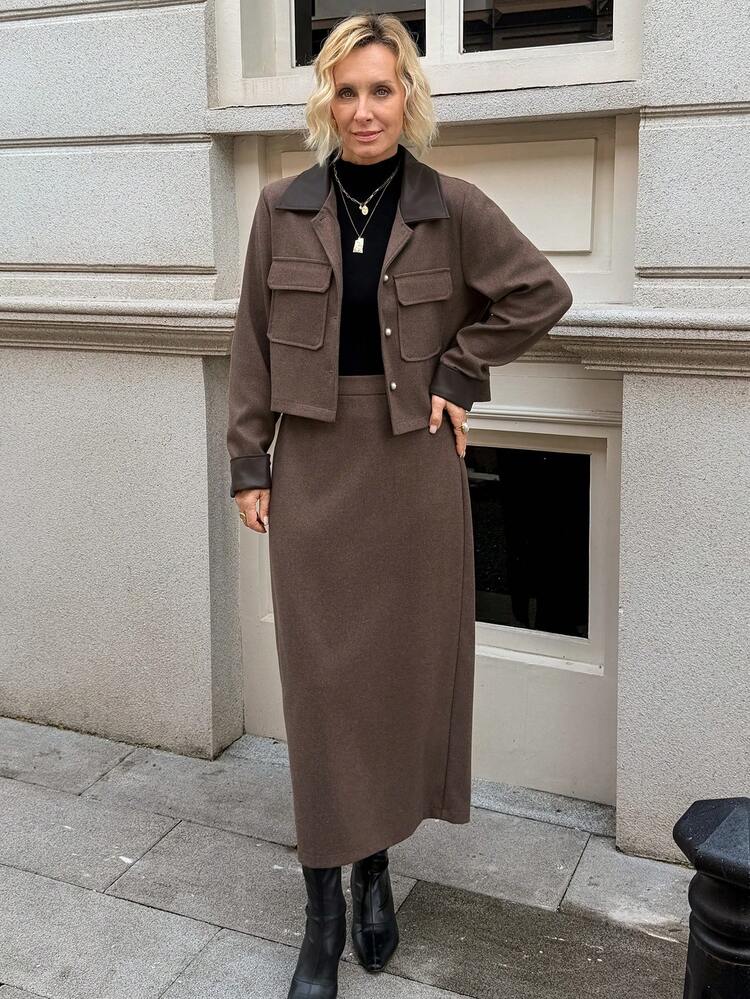 2pcs Women Contrast Color Patchwork Jacket And Skirt Set