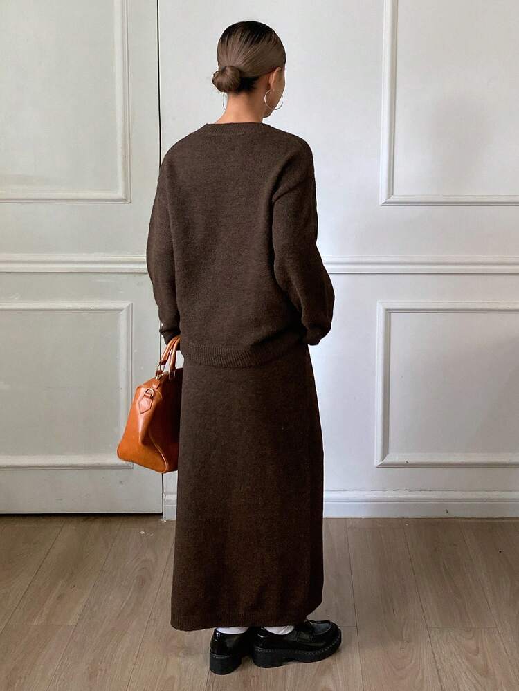 Sequin Decor Loose V-Neck Long Sleeve Pullover Sweater & Straight Long Skirt Elegant 2 Pieces Set For Women, Autumn/Winter