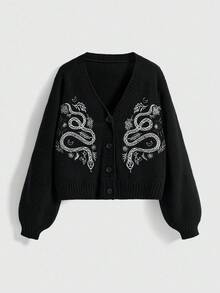 ROMWE Gothic Dark Mysterious Witch Style Snake Skin Floral Embroidered Knit Cardigan - Black - View 1
