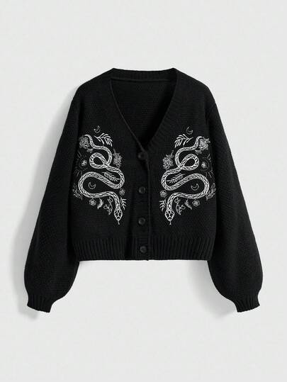 Gothic Dark Mysterious Witch Style Snake Skin Floral Embroidered Knit Cardigan