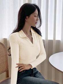 DAZY 女式休闲纯色保暖内衬高领 T 恤，秋冬 - 白色 - 查看 4