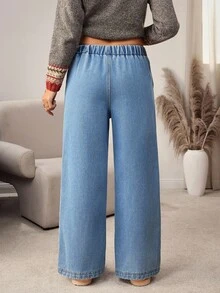 EMERY ROSE Women's Elastic Waist Pockets Wide Leg Loose Casual Jeans - Blue - View 2
