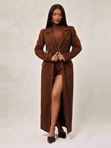 Radiana Brown Vintage Suede-Like Faux Fur Long Windbreaker Coat, Elegant Long Blazer Jacket For Autumn/Winter Thanksgiving Chocolate Brown - Coffee Brown - View 1