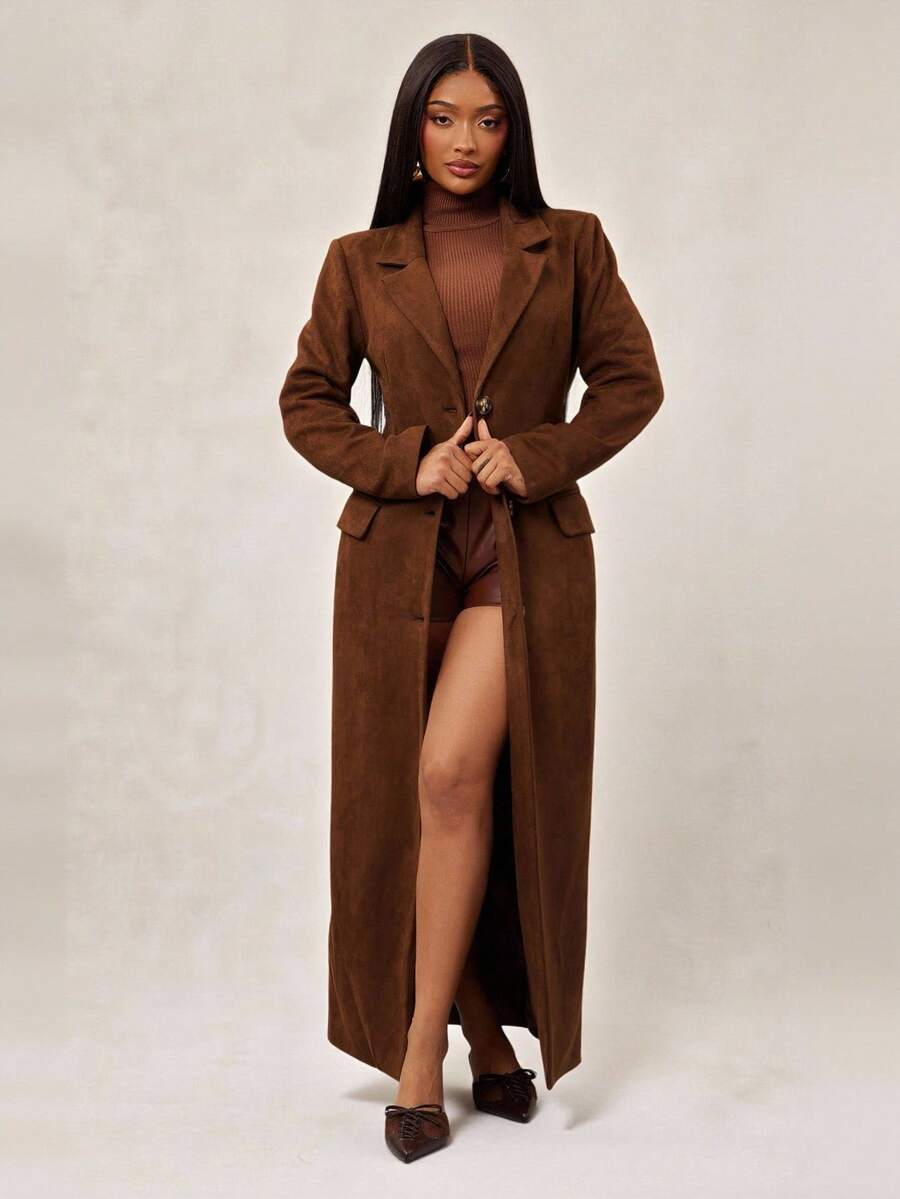 Radiana Brown Vintage Suede-Like Faux Fur Long Windbreaker Coat, Elegant Long Blazer Jacket For Autumn/Winter Thanksgiving Chocolate Brown - Coffee Brown - View 1
