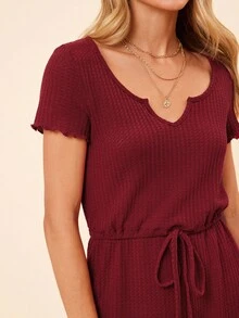 Coeurva 女士夏季實色短袖凹口V領束腰休閒連體褲