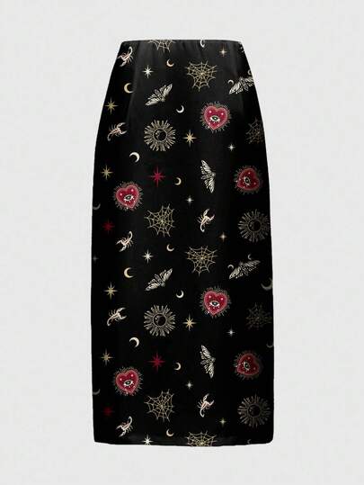Goth Jupe noire fendue haute avec imprimé céleste de cœur, soleil et lune pour femmes, style gothique sombre