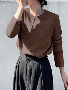 FRIFUL Women's Solid Khaki Round Neck Long Sleeve Loose Casual Versatile T-Shirt, Autumn