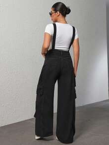 SHEIN PETITE Quần yếm denim ống rộng dáng rộng, thường ngày có túi hộp dành cho nữ - màu đen - Xem 2