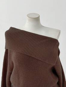 Sunspun Autumn/Winter Fashion Asymmetric Off-Shoulder Solid Color Waist Pleated Dress