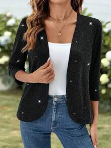 EMERY ROSE Women's Shiny Silver Thread Drape 3/4 Sleeve Lightweight Jacket - Black - View 1