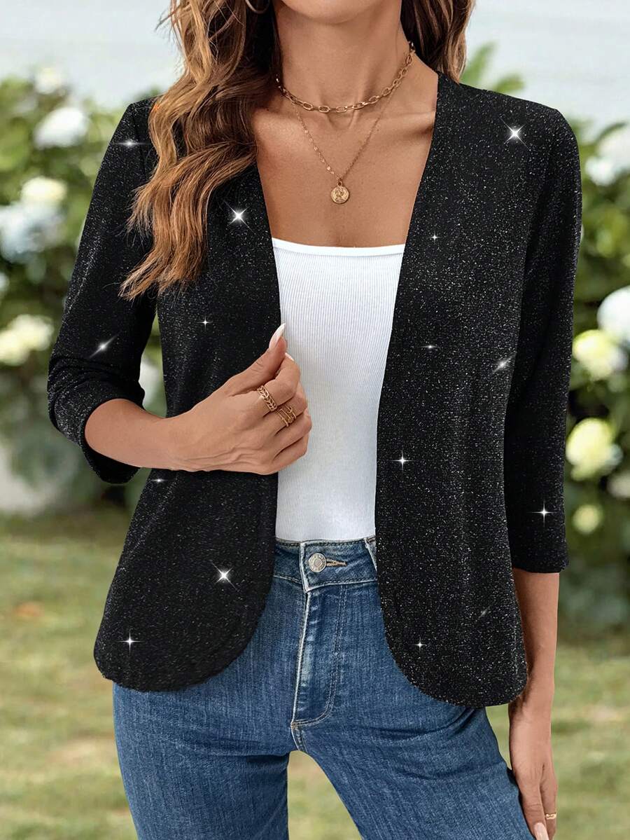 EMERY ROSE Women's Shiny Silver Thread Drape 3/4 Sleeve Lightweight Jacket - Black - View 1