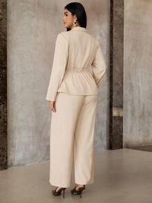Roveilla Bộ 2 món áo khoác blazer tay dài và quần dài cổ điển tối giản thường ngày dành cho nữ cỡ lớn - Màu be - Xem 2