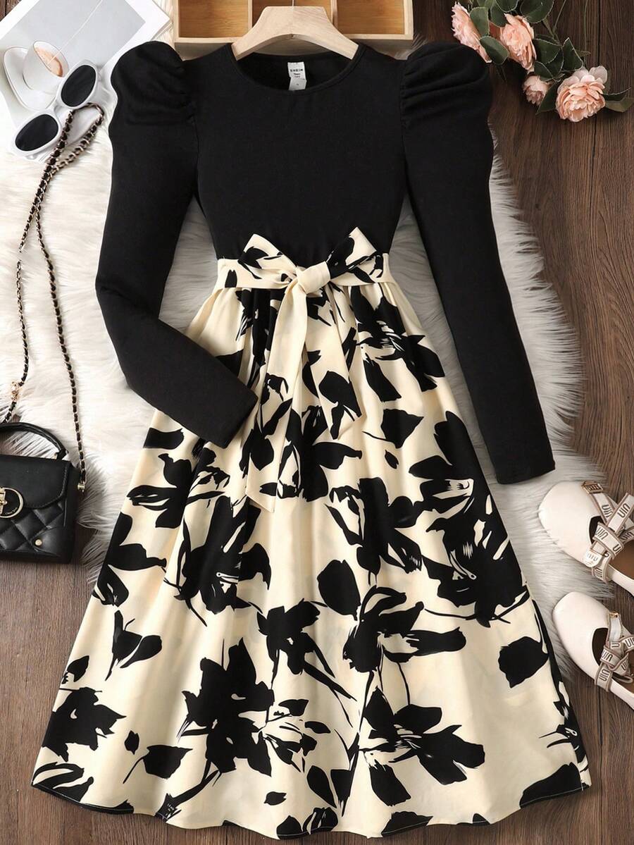 SHEIN 少女连衣裙花卉印花泡泡袖系带连衣裙长款服装/圣诞节、节日/家庭日/新年快乐 - 彩色 - 查看 1