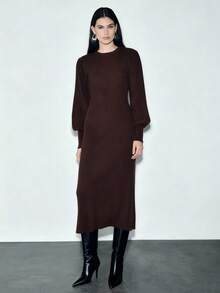 SHEIN Luminelle Women's Casual Fashion Young Minimalist Versatile Fitted Round Neck Lantern Sleeve Mermaid Hem Sweater Dress, Autumn/Winter