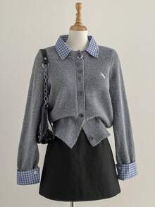 Sweetra 秋冬新款小马刺绣格子拼布二合一时尚宽松学院风长袖开衫