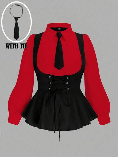 Lyrianda Plus Size U-Neck Solid Color Contrast Keyhole Front Drawstring A-Line Long Sleeve Shirt Peplum Top