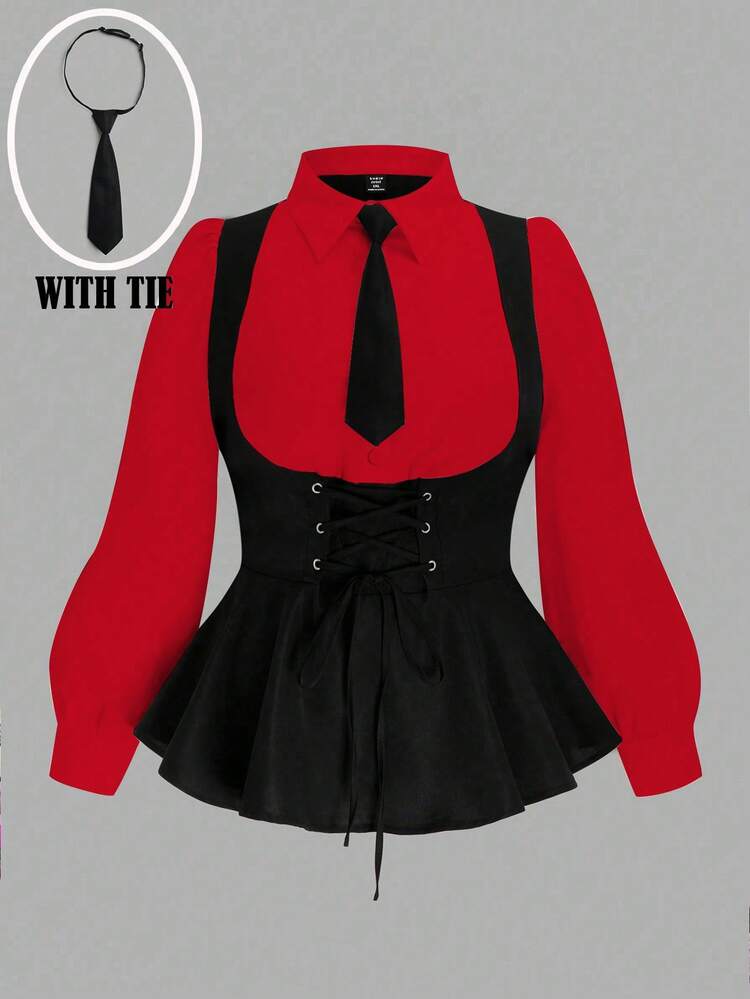 Plus Size U-Neck Solid Color Contrast Keyhole Front Drawstring A-Line Long Sleeve Shirt Peplum Top - Multicolor - View 1
