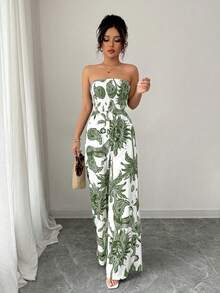 SHEIN Elenzya Women's Printed Bandeau Jumpsuit With Cinched Waist And Wide Leg, Elegant For Vacation, Daily Commute - Army Green - View 4