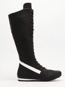 Solezae 时尚女式黑色系带拳击风格复古运动鞋靴人造皮革舒适街头时尚度假鞋 - 黑色 - 查看 2