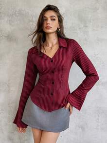 SHEIN Unity Women's Plain Color Bell Sleeve Button Front Casual Shirt, Autumn Fall Cloth For Women - Burgundy - View 3