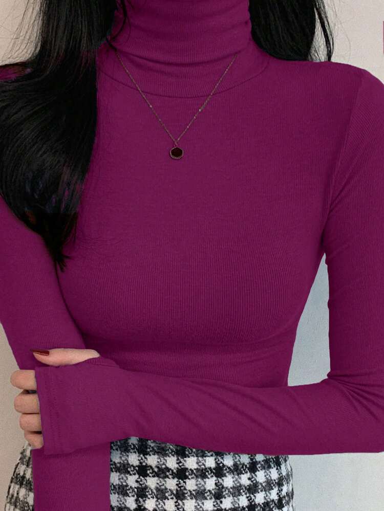 Women's Turtleneck Tight Fitting Thermal Lined T-Shirt Long Sleeve Top