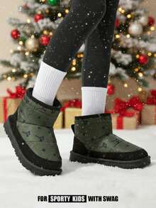 JNSQ 1 Pair Boys' Black & Green Flat Fashionable Casual Thermal Lined Slip-On Snow Boots, Comfortable For Winter Daily Outdoor Activities - Green - View 2