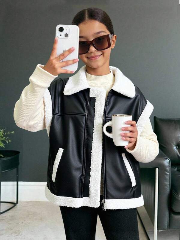 SHEIN Tween Girl 秋冬街头时尚 PU 复合保暖内衬撞色领机车夹克背心，适合秋冬休闲外出，秋冬 PU 夹克