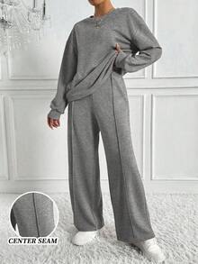 SHEIN Tall 女士两件套极简街头运动服，圆领上衣和阔腿运动裤，2025 年秋季新品 - 深灰色 - 查看 1