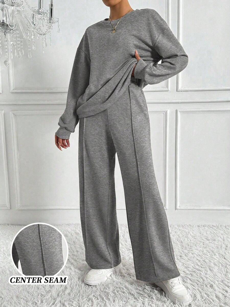 SHEIN Tall 女士两件套极简街头运动服，圆领上衣和阔腿运动裤，2025 年秋季新品 - 深灰色 - 查看 1
