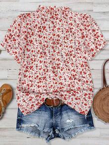 Hourglow Áo cánh tay ngắn cổ chữ V họa tiết hoa nhỏ xinh xắn dành cho nữ cỡ lớn có viền xếp nếp Áo cánh nữ tay ngắn mùa hè Áo mùa hè cỡ lớn Áo sơ mi mùa hè tay ngắn Áo thường ngày mùa hè - Đỏ và trắng - Xem 2