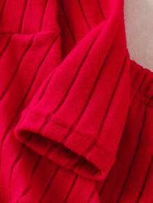 Elladie kids 2 件套女婴针织罗纹长袖收腰长 T 恤和裤子套装，秋季休闲日常装 - 紅色 - 查看 7