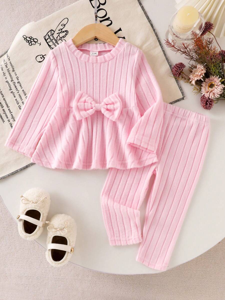 Elladie kids 2pcs Baby Girls' Knitted Ribbed Long Sleeve Waist Cinched Long Tee And Pants Set, Casual Daily Outfit For Autumn Autumn And Winter Two Piece Suit Baby Girl Warm Sets Baby Girl Casual Pant Sets Baby Girl Set Pink Bow Baby Outfit - Pink - View 1