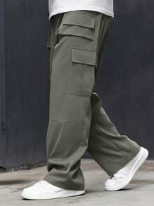 Manfinity Homme Men Plus Size Solid Color Drawstring Cargo Pants With Pocket, Casual Style, Fall - Light Grey - View 3
