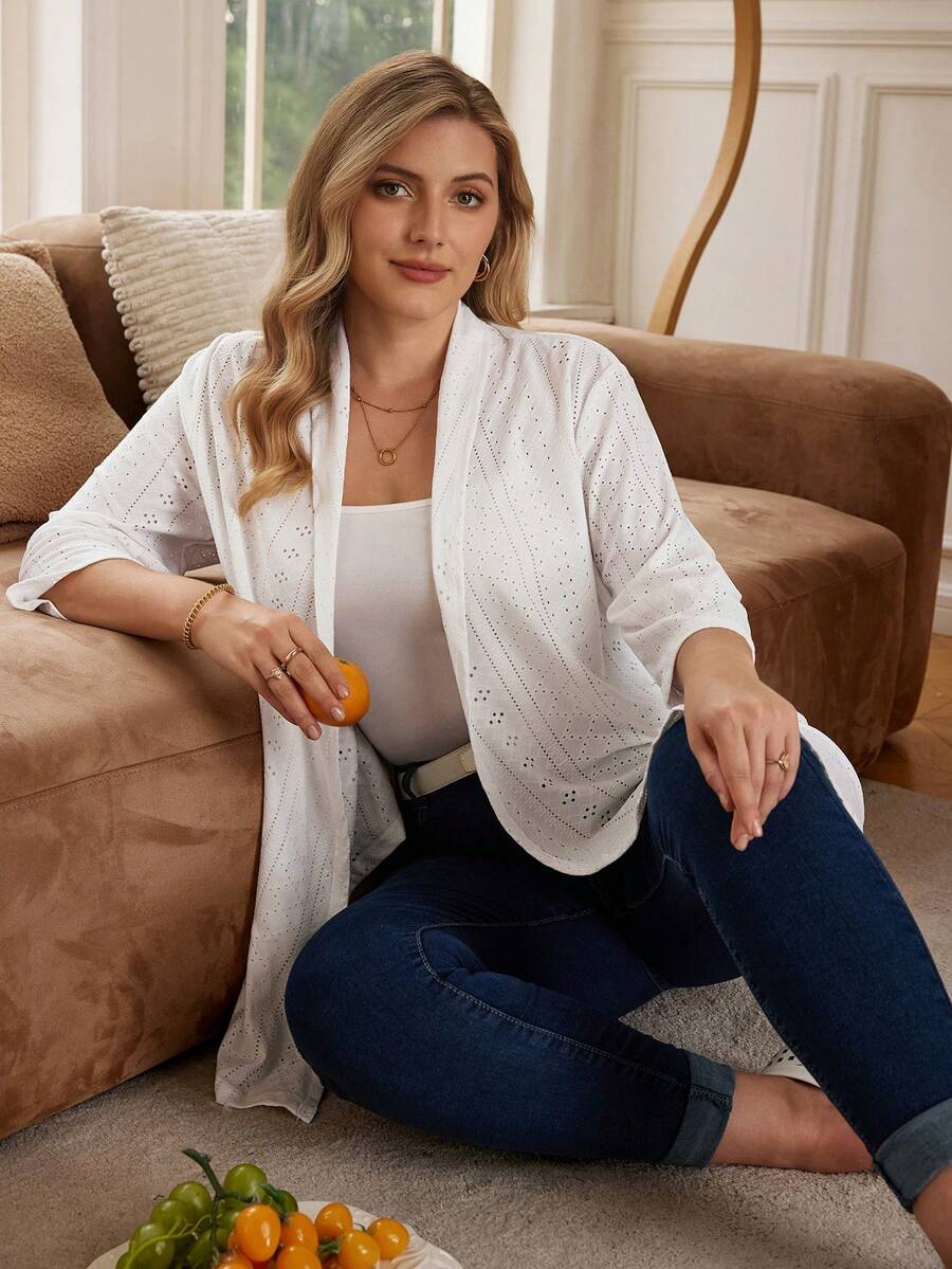 EMERY ROSE Plus Size Plain Long Sleeve Cardigan, Casual Daily Wear,Vacation Outfits Woman,Boho For Women