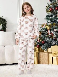 SHEIN 2 件套 Tween Girls 可爱熊图案柔软舒适羊毛圆领长袖上衣和裤子睡衣套装，秋冬 - 杏色 - 查看 9