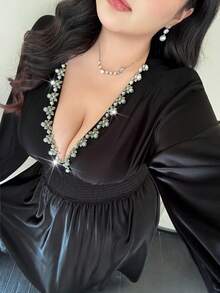 Flirla Vestido ajustado de unicolor, vintage, romántico y elegante con escote en V - Negro - Ver 3