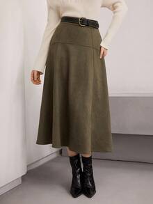 Heiryn Women's Solid Color High Waist Elegant Office Midi Skirt Olive Green Skirt A Line Skirt,Fall,Fall Clothes For Women,Winter Clothes For Women - Green - View 8