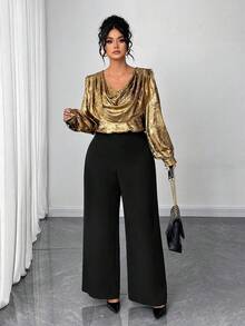 Elenzga Conjunto de 2 peças feminino plus size, elegante, cor metálica, manga comprida, gola alta, calça larga, cintura alta, fluido, cor contrastante, adequado para outono/inverno, volta às aulas, formatura, feriados, dia dos namorados, Natal, festivais de música, dia das mães, Halloween, Ação de Graças, Páscoa, Dia Nacional, galas, encontros, festas, casamentos, passeios - Multicolorido - Ver 4