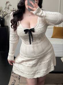 Vibekara 法式优雅蝴蝶结装饰U领收腰修身长袖针织连衣裙，秋冬