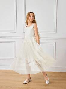 Robe de mode sans manches à col carré et ourlet en maille de couleur unie pour préadolescentes - Blanc - Voir 1