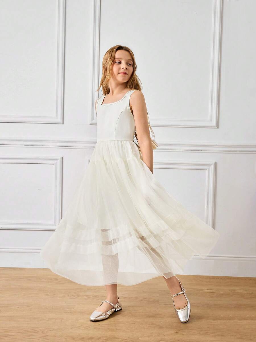 Robe de mode sans manches à col carré et ourlet en maille de couleur unie pour préadolescentes - Blanc - Voir 1