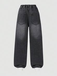 SHEIN ChillGRL Tween Girls' Fashion Snowflake Washed Distressed Embroidered Wide Leg Jeans, Y2K Suitable For Autumn/Winter, Daily Wear, Party, Home, Vacation, Back To School 90s - Black - View 2